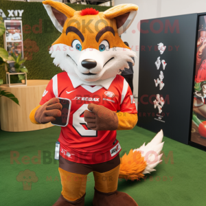 Red Fox mascot costume character dressed with a Rugby Shirt and Digital watches
