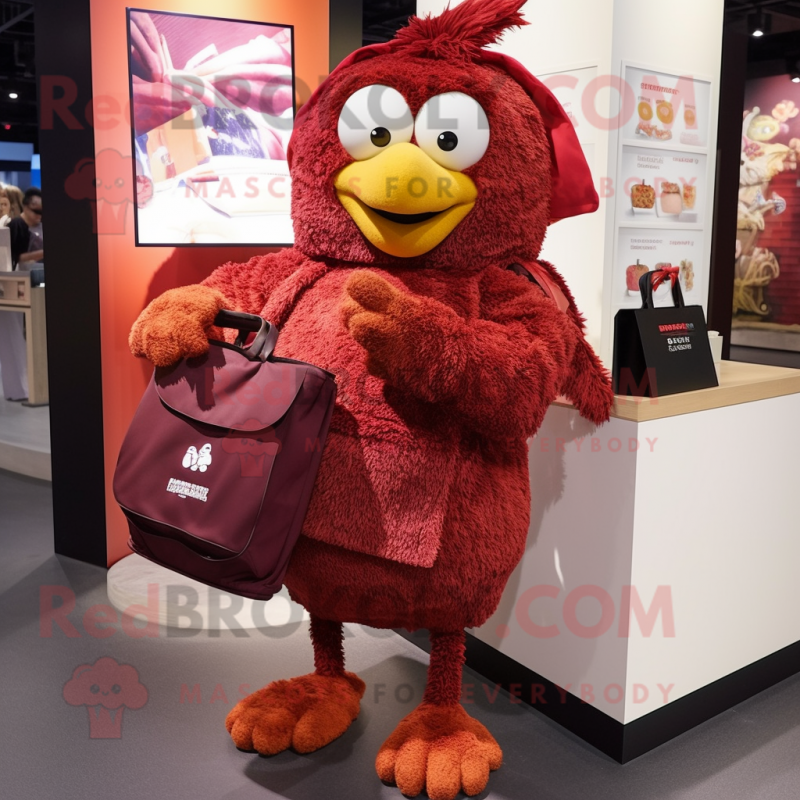 Maroon Chicken Parmesan mascot costume character dressed with a Cover-up and Handbags Maroon Chicken Parmesan mascot costume character dressed with a Cover-up and Handbags