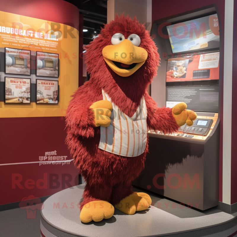 Maroon Chicken Parmesan mascot costume character dressed with a Cover-up and Handbags Maroon Chicken Parmesan mascot costume character dressed with a Cover-up and Handbags