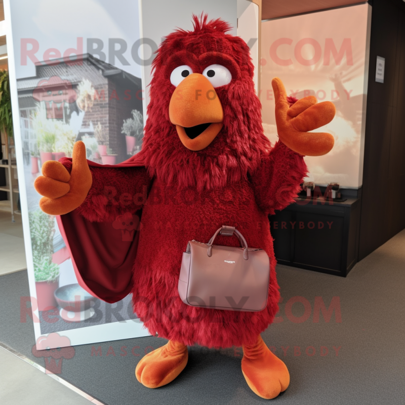 Maroon Chicken Parmesan mascot costume character dressed with a Cover-up and Handbags Maroon Chicken Parmesan mascot costume character dressed with a Cover-up and Handbags