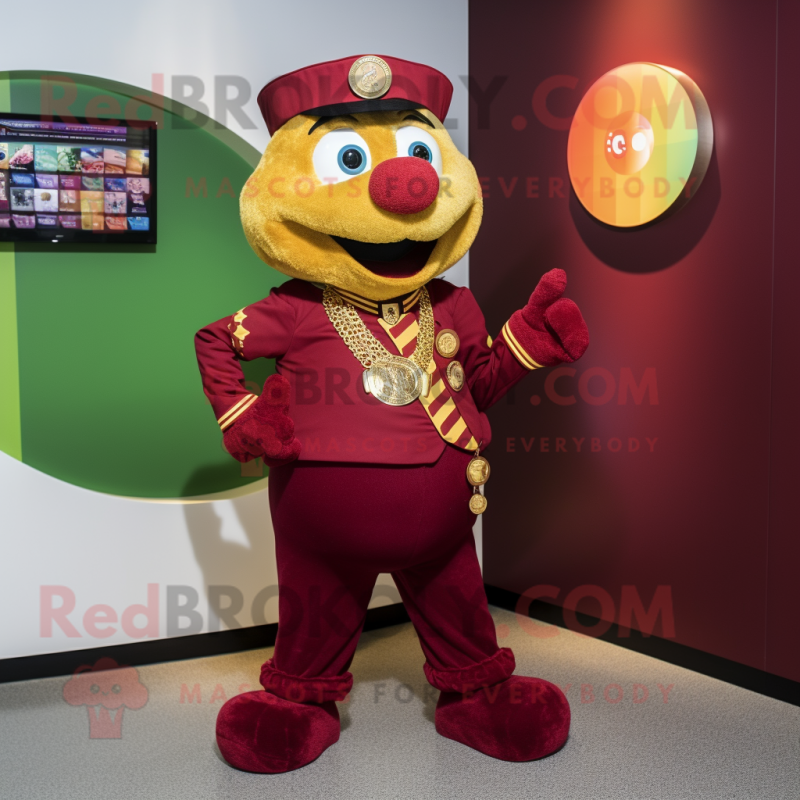 Maroon Pot Of Gold mascot costume character dressed with a Henley Tee and Brooches Maroon Pot Of Gold mascot costume character dressed with a Henley Tee and Brooches