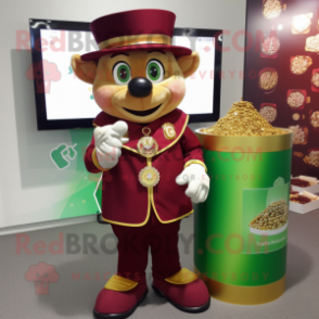 Maroon Pot Of Gold mascot costume character dressed with a Henley Tee and Brooches