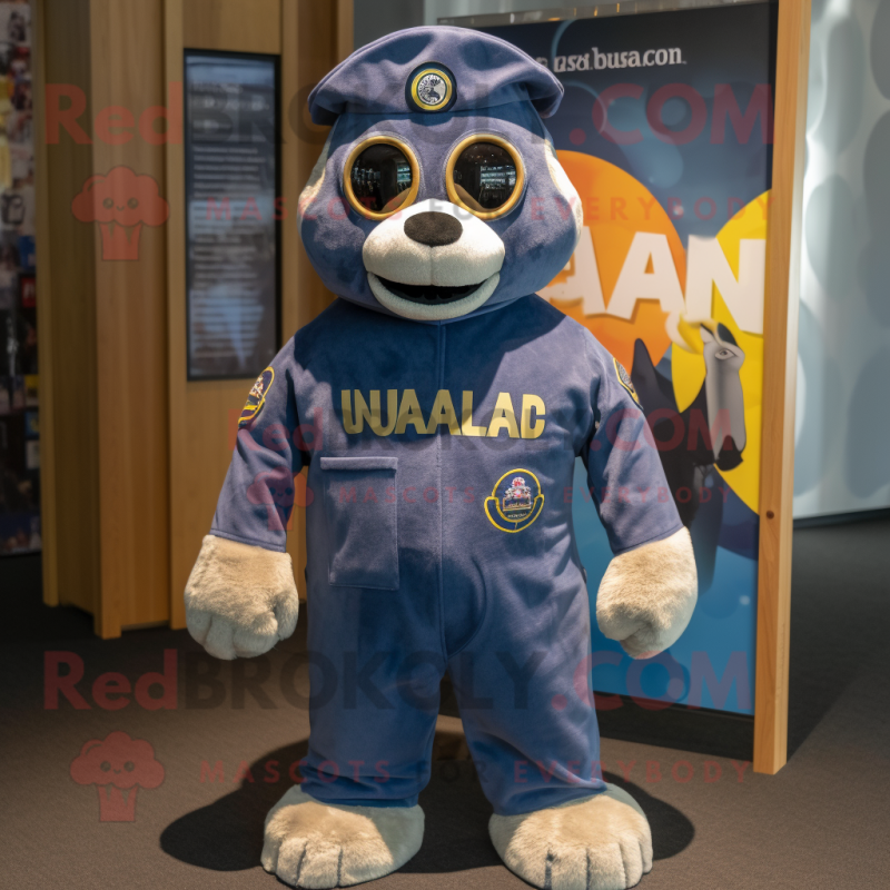 nan Navy Seal mascot costume character dressed with a Dungarees and Brooches