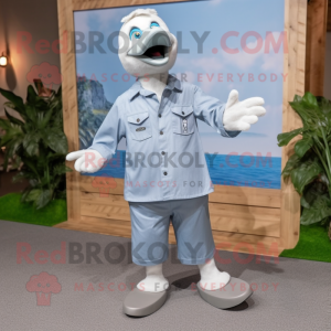Silver Goose mascot costume character dressed with a Chambray Shirt and Lapel pins