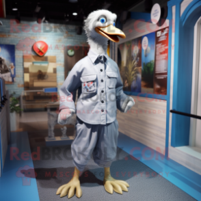 Silver Goose mascot costume character dressed with a Chambray Shirt and Lapel pins
