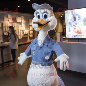 Silver Goose mascot costume character dressed with a Chambray Shirt and Lapel pins