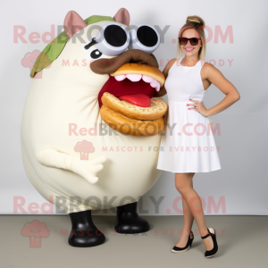 White Pulled Pork Sandwich mascot costume character dressed with a Mini Skirt and Sunglasses