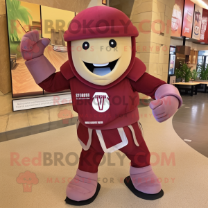 Maroon Caesar Salad mascot costume character dressed with a Jeggings and Backpacks