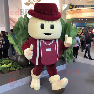 Maroon Caesar Salad mascot costume character dressed with a Jeggings and Backpacks