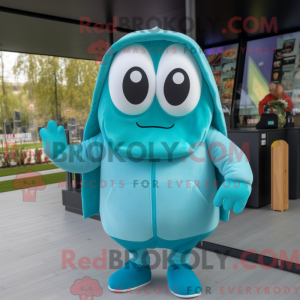 Maskotkarakter av en cyan...