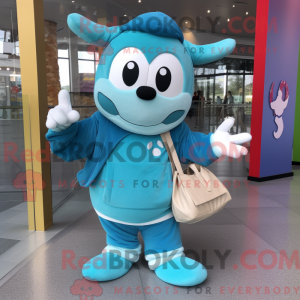 Maskotfigur af en cyan...
