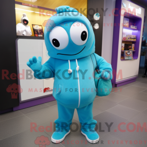Maskotfigur af en cyan...