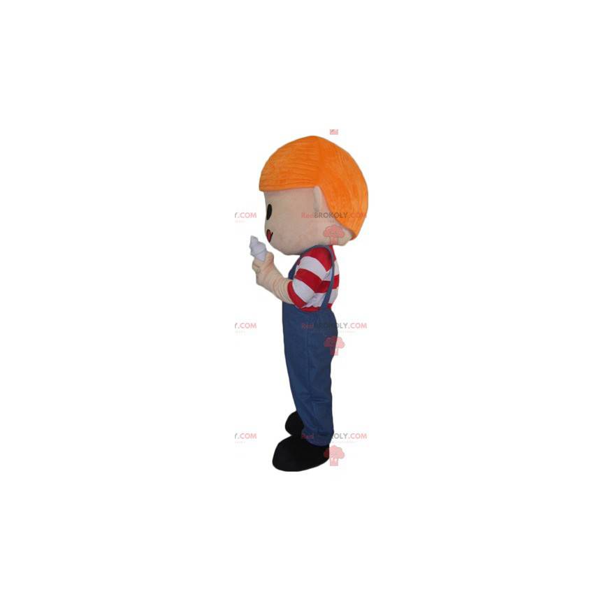 Mascot red-haired boy in overalls with an ice cream -