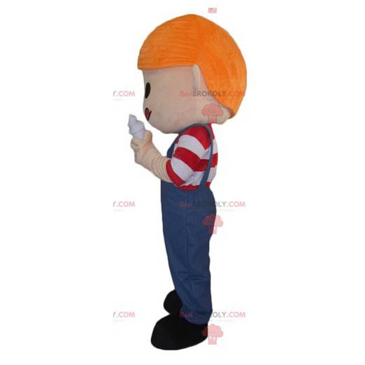 Mascot red-haired boy in overalls with an ice cream -