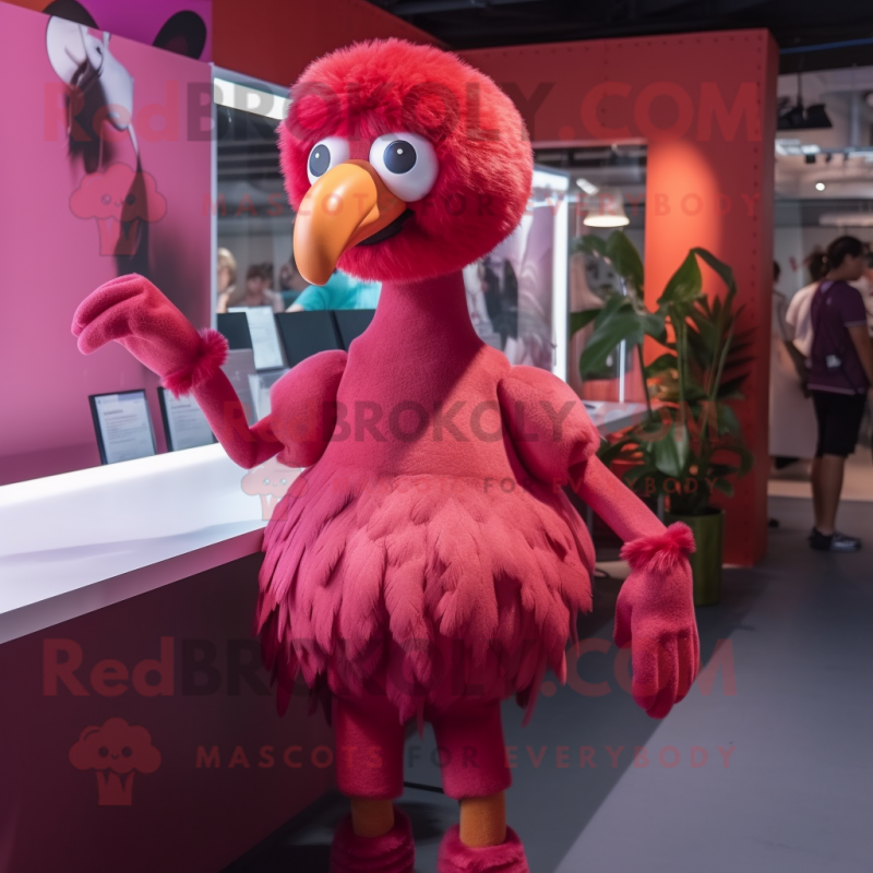 Maroon Flamingo mascot costume character dressed with a Playsuit and Hairpins