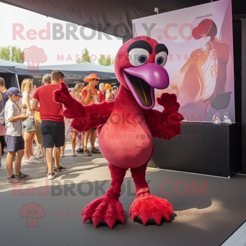 Maroon Flamingo mascot costume character dressed with a Playsuit and Hairpins