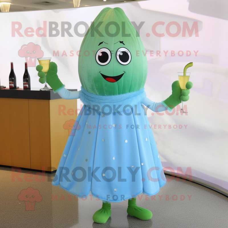 Sky Blue Cucumber mascot costume character dressed with a Cocktail Dress and Shoe laces Sky Blue Cucumber mascot costume character dressed with a Cocktail Dress and Shoe laces