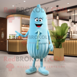 Sky Blue Cucumber mascot costume character dressed with a Cocktail Dress and Shoe laces