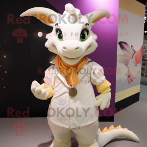 Cream Dragon mascot costume character dressed with a Blouse and Brooches