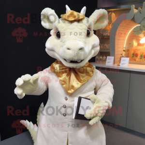 Cream Dragon mascot costume character dressed with a Blouse and Brooches