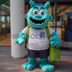 Maskotfigur af et cyan...
