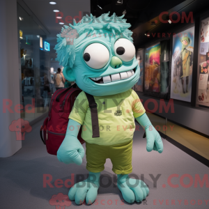Maskotfigur af et cyan...