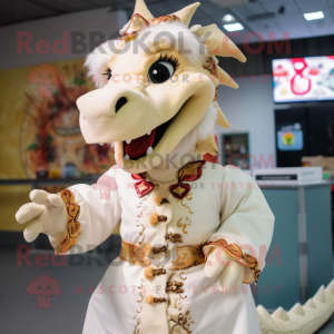 Cream Dragon mascot costume character dressed with a Blouse and Brooches