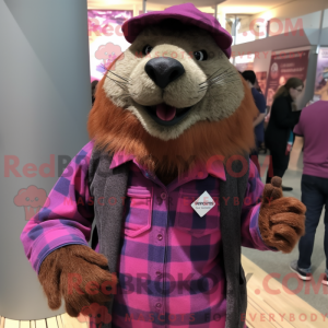 Maskotfigur av en magenta...