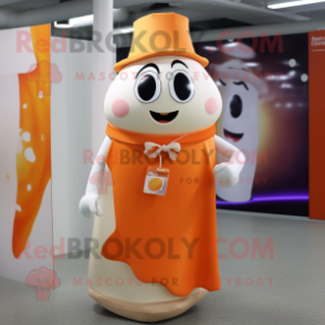 Orange Bottle Of Milk mascot costume character dressed with a Wrap Skirt and Lapel pins