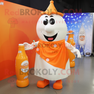 Orange Bottle Of Milk mascot costume character dressed with a Wrap Skirt and Lapel pins