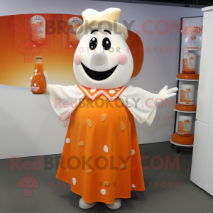 Orange Bottle Of Milk mascot costume character dressed with a Wrap Skirt and Lapel pins