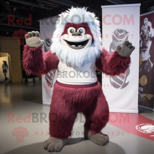 Maroon Yeti mascot costume character dressed with a Yoga Pants and Bow ties