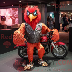 Maskotfigur af en rød harpy...