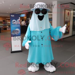 Maskotfigur af et cyan...