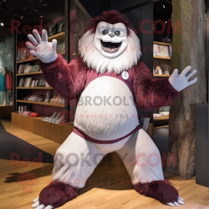 Maroon Yeti mascot costume character dressed with a Yoga Pants and Bow ties