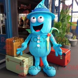 Maskotfigur av en cyan...