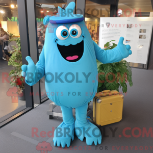 Maskotfigur av en cyan...