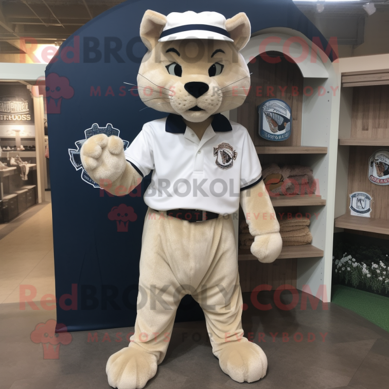 Cream Bobcat mascot costume character dressed with a Oxford Shirt and Caps