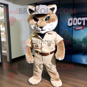 Cream Bobcat mascot costume character dressed with a Oxford Shirt and Caps