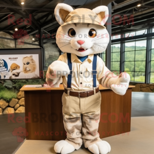 Cream Bobcat mascot costume character dressed with a Oxford Shirt and Caps