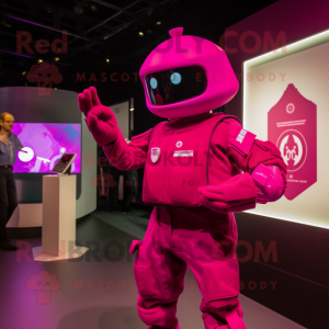 Magenta Army Soldier mascot costume character dressed with a Cardigan and Smartwatches