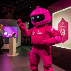 Magenta Army Soldier mascot costume character dressed with a Cardigan and Smartwatches