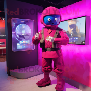 Magenta Army Soldier mascot costume character dressed with a Cardigan and Smartwatches