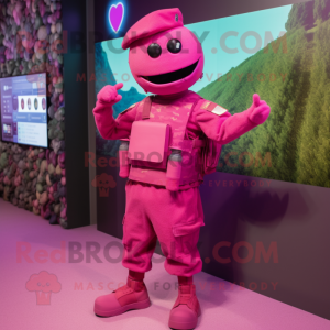 Magenta Army Soldier mascot costume character dressed with a Cardigan and Smartwatches
