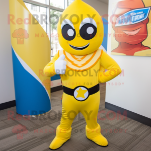 Yellow Superhero mascot costume character dressed with a Rash Guard and Tie pins