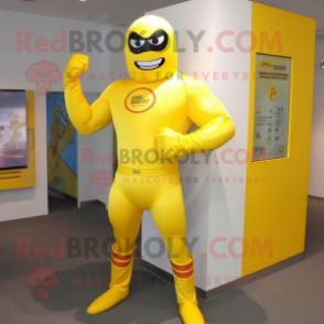 Yellow Superhero mascot costume character dressed with a Rash Guard and Tie pins