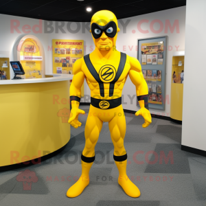 Yellow Superhero mascot costume character dressed with a Rash Guard and Tie pins