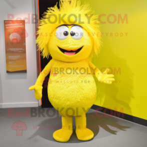 Lemon Yellow Engagement Ring mascot costume character dressed with a Trousers and Hair clips