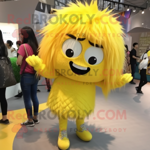 Lemon Yellow Engagement Ring mascot costume character dressed with a Trousers and Hair clips