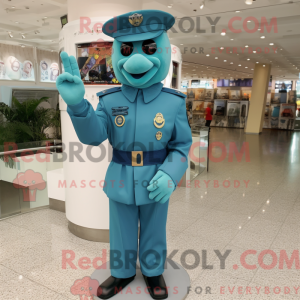 Maskotkarakter av en cyan...